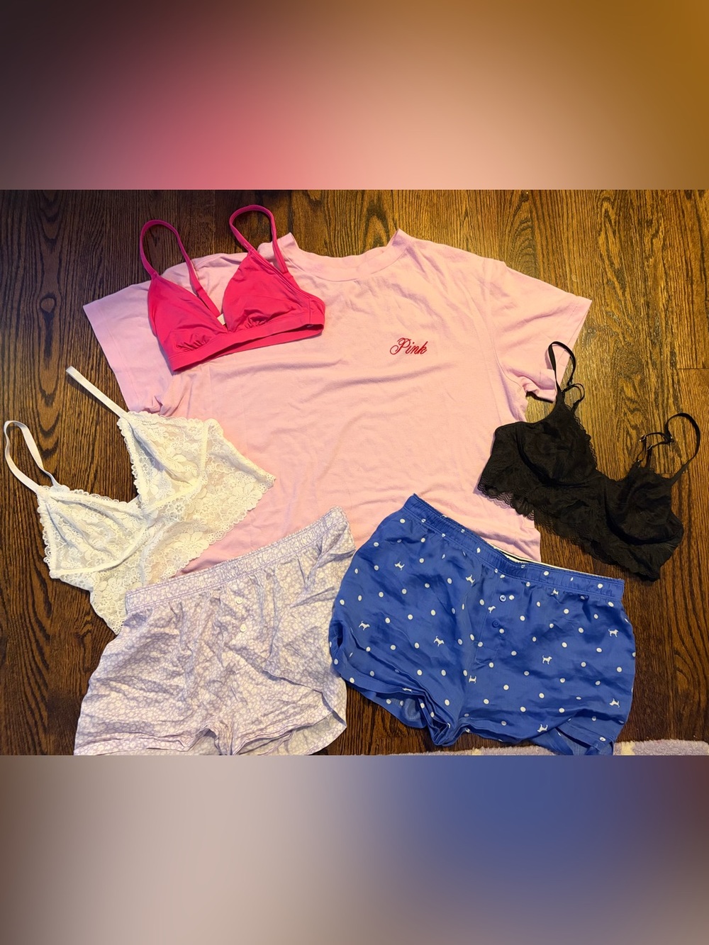 7PC VS PINK & AERIE BUNDLE SIZES XS/S: SATIN SHORTS, SHIRT, LEGGINGS, BRALETTES